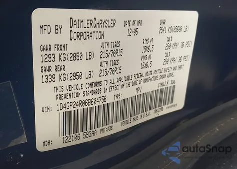 2006 Dodge Grand Caravan Se из США, поврежденный, VIN 1D4GP24R06B604758